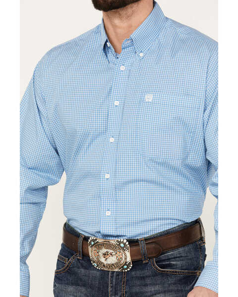 Cinch Men's Checkered Print Long Sleeve Button Down Shirt, Light Blue, hi-res