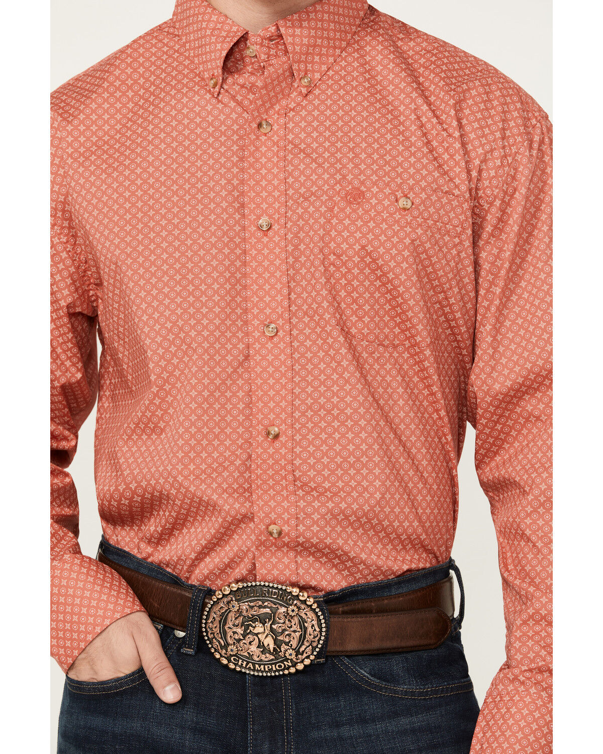 Image #3 - Wrangler Men's Classic Medallion Print Long Sleeve Button-Down Western Shirt, Red, hi-res