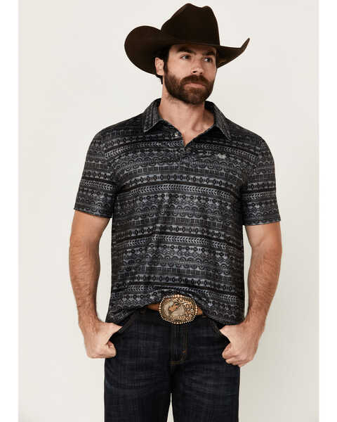 Image #1 - Panhandle Men's Southwestern Print Short Sleeve Performance Polo Shirt , Charcoal, hi-res