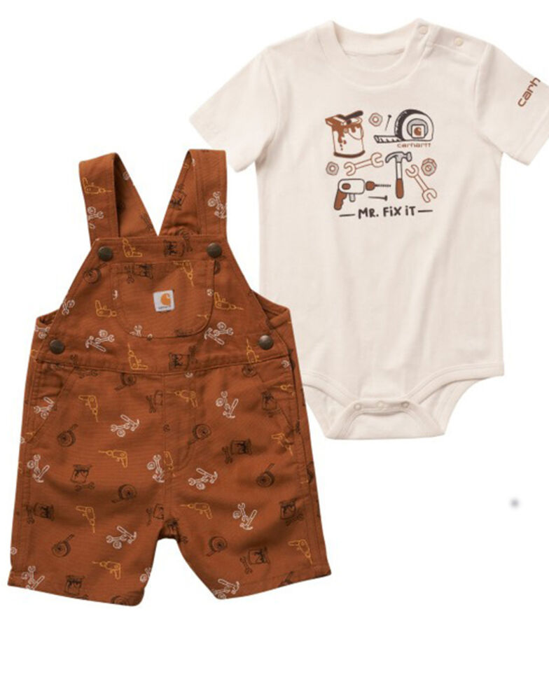 Carhartt Infant-Boys' Short Sleeve Onesie & Canvas Shortall Set, Brown, hi-res