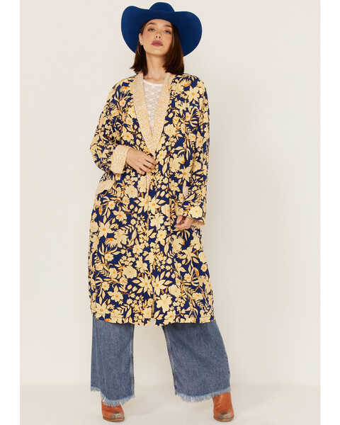 Image #1 - Free People Women's Wild Nights Floral Print Long Sleeve Kimono Duster, Blue, hi-res