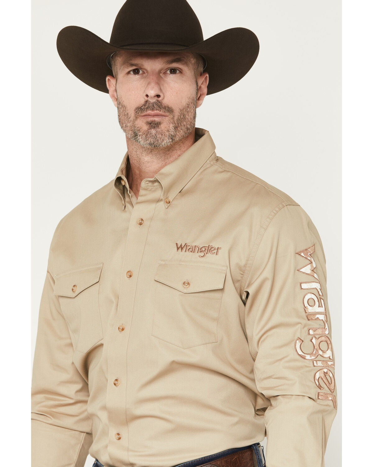 Image #2 - Wrangler Men's Logo Long Sleeve Button-Down Western Shirt, Khaki, hi-res