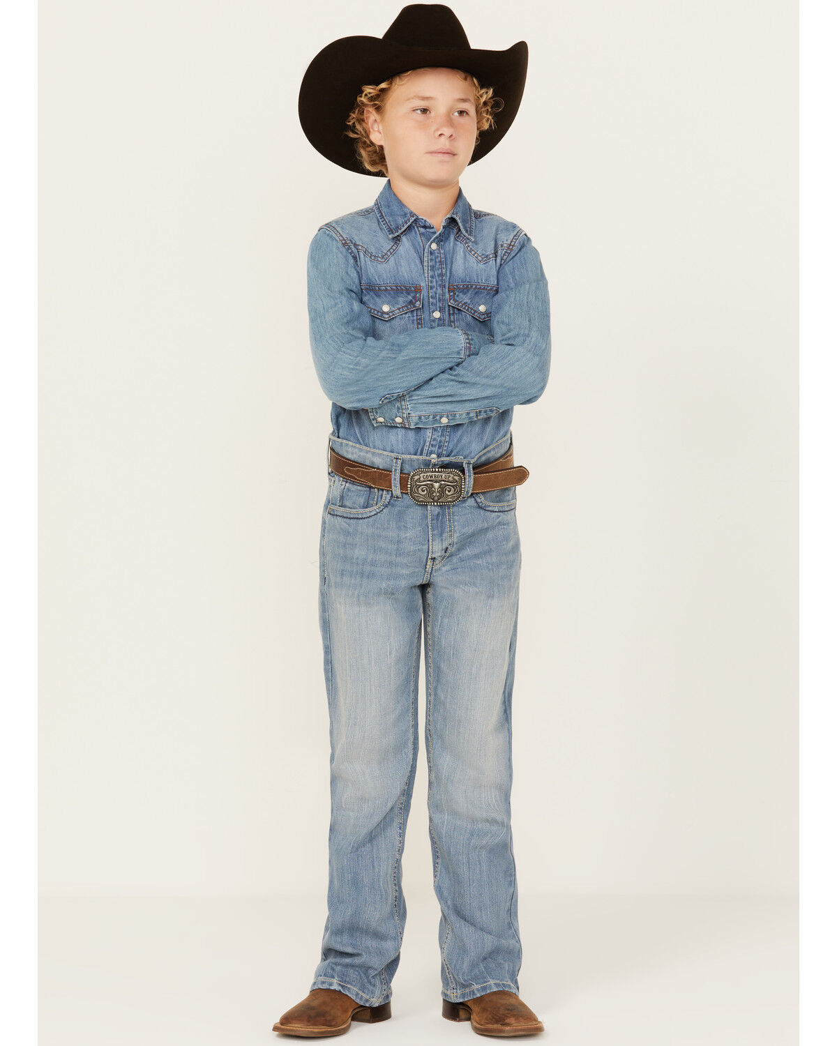 Image #1 - Cody James Boys' Light Wash Cloverleaf Slim Stretch Bootcut Jeans, Light Wash, hi-res