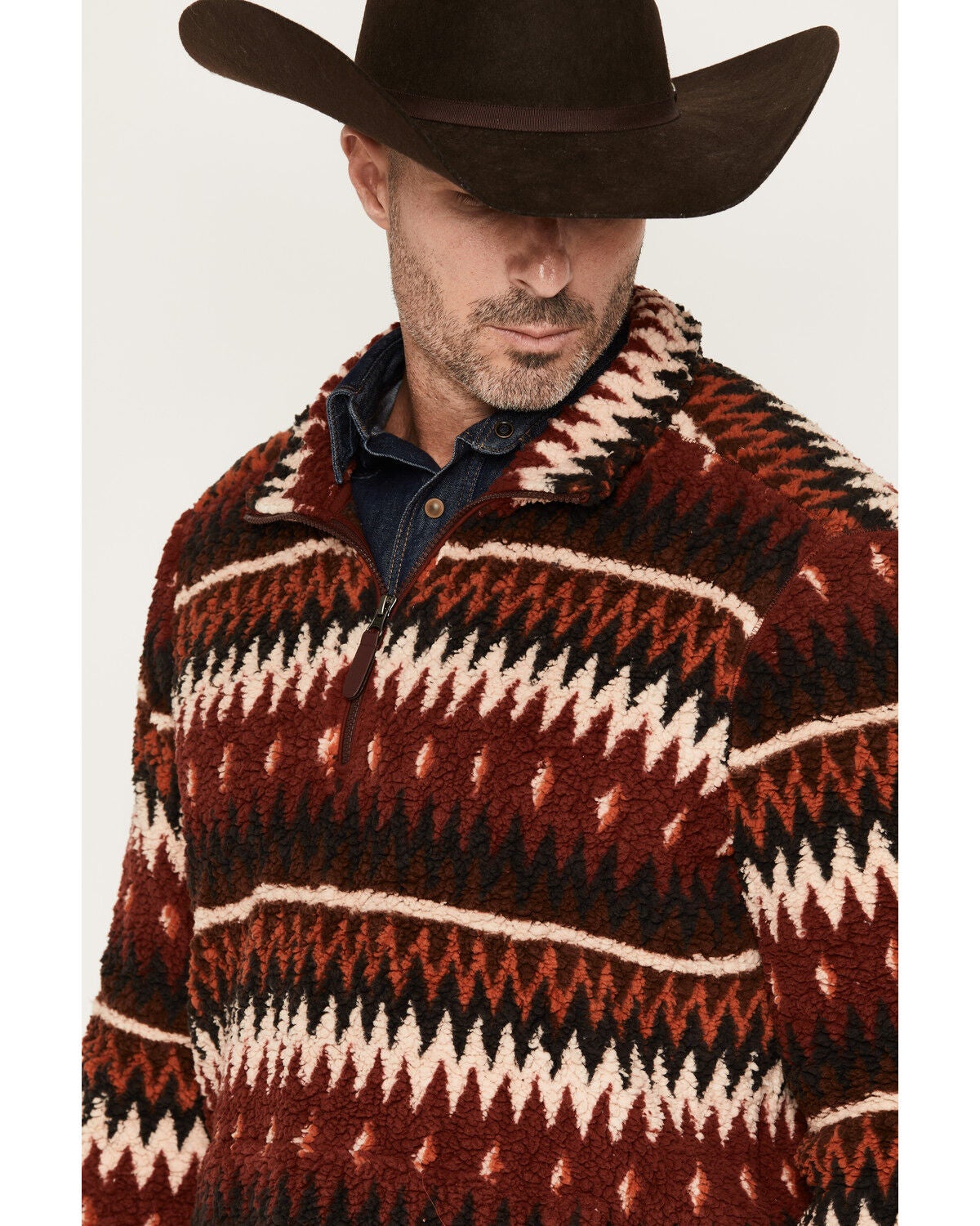 Image #2 - Cody James Men's Voyage Southwestern Striped Sherpa 1/4 Zip Pullover, Dark Red, hi-res
