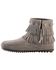 Minnetonka Double Fringe Side Zip Moccasin, Grey, hi-res