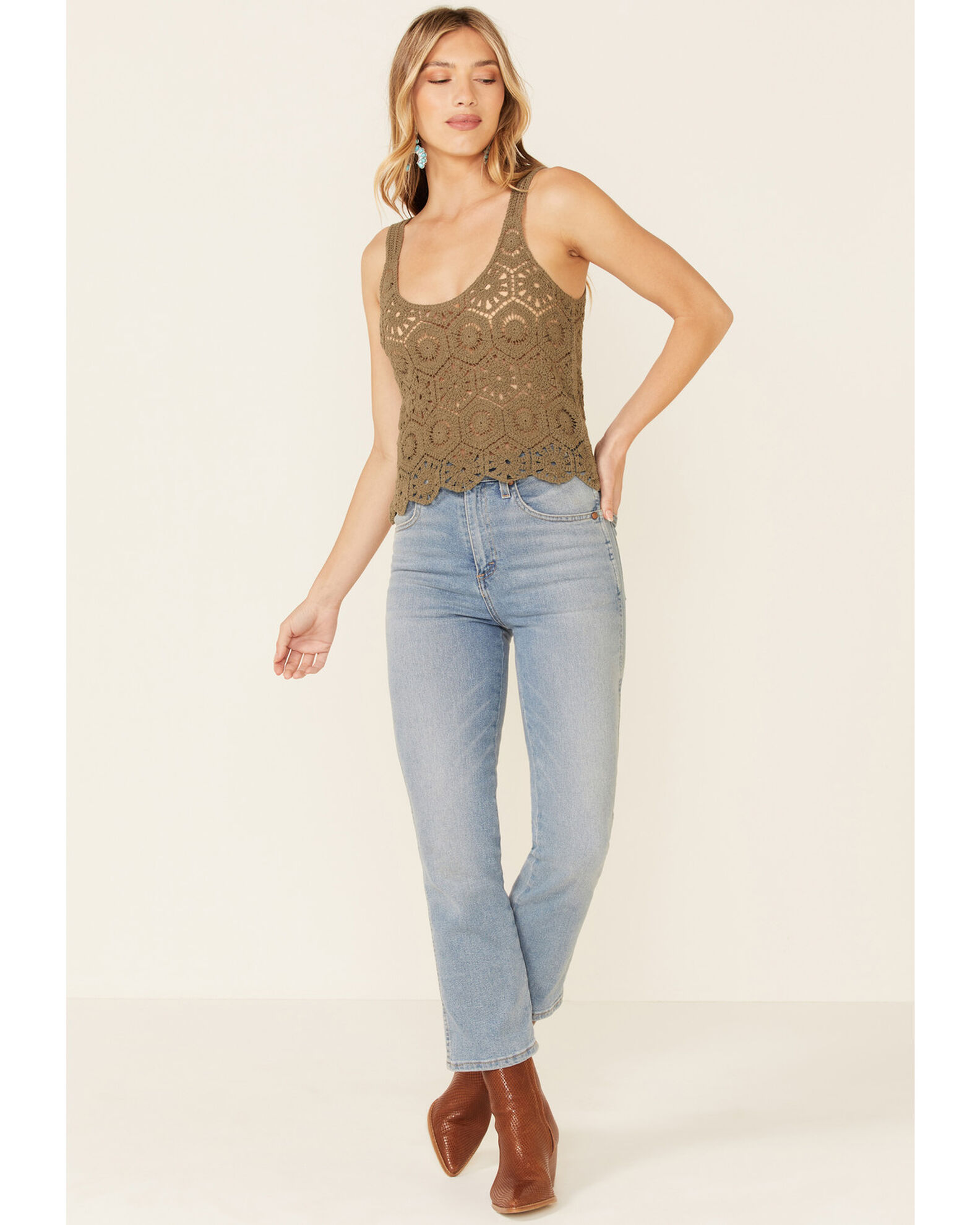 Image #2 - Very J Women's Crochet Knit Sweater Tank Top, Olive, hi-res