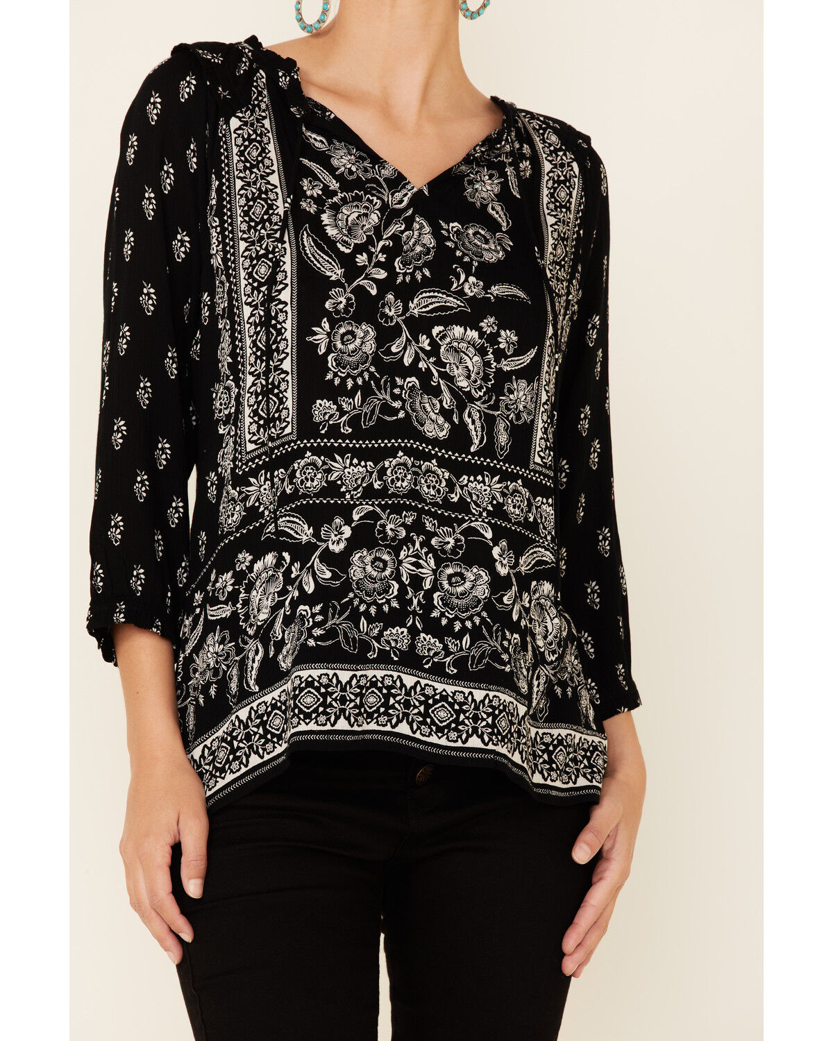 Image #3 - Bila Women's Delaney Two-Tone Print 3/4 Sleeve Peasant Top, Black, hi-res