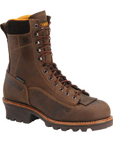 Carolina Men's Brown 8" Crazy Horse Waterproof Lace-to-Toe Logger Boots - Round Toe, Brown, hi-res