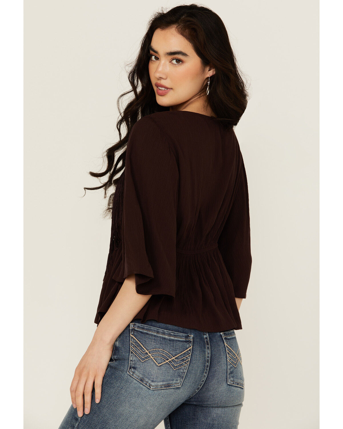 Image #4 - Shyanne Women's Embroidered Fringe Short Sleeve Shirt, Chocolate, hi-res