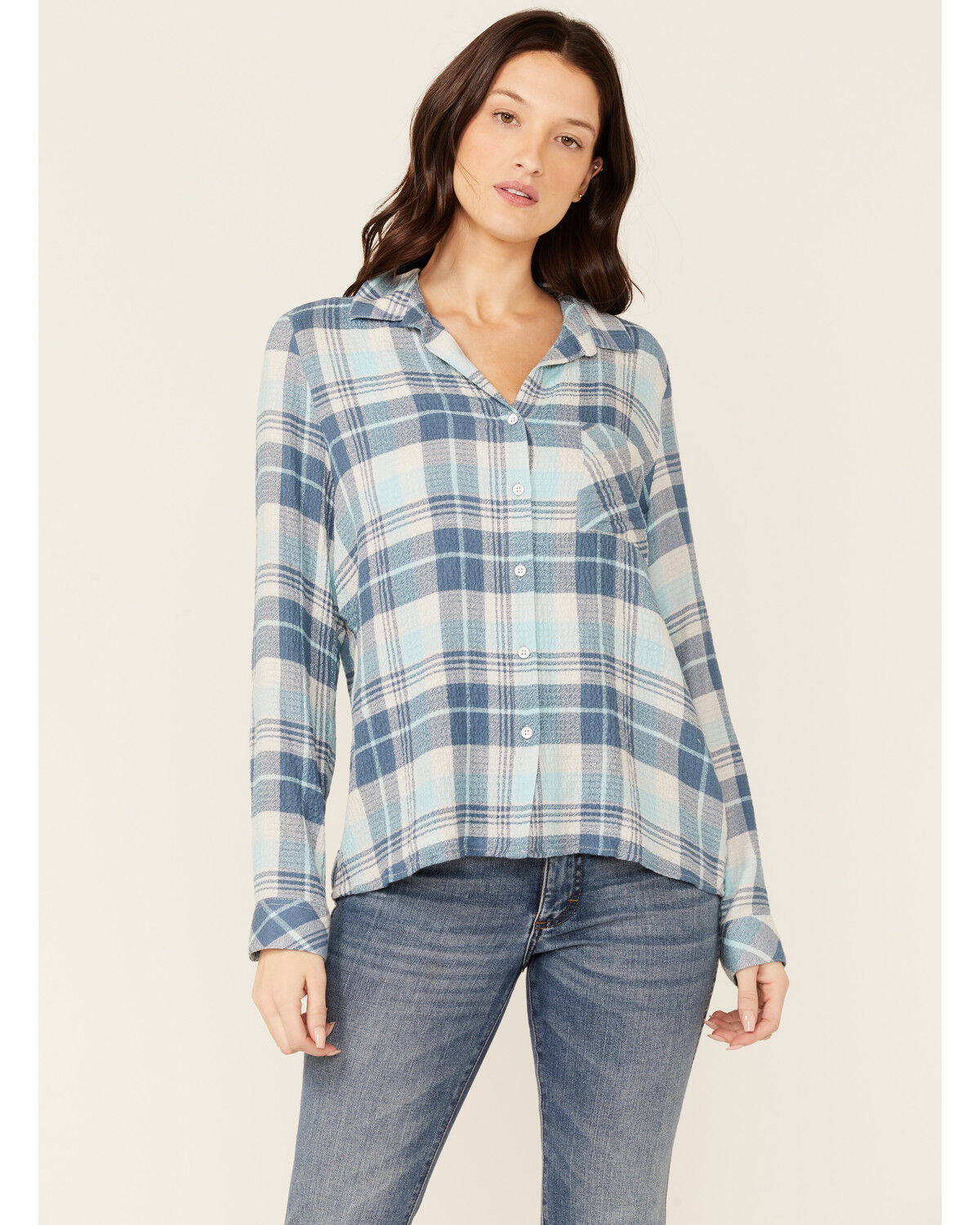 Image #1 - North River Women's Crinkle Ryn Plaid Shirt, Blue, hi-res