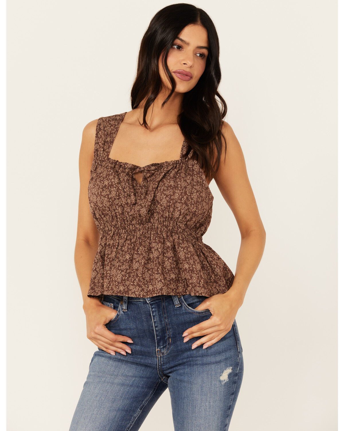 Image #1 - Cleo + Wolf Women's Bradley Floral Printed Tank Top, Chocolate, hi-res