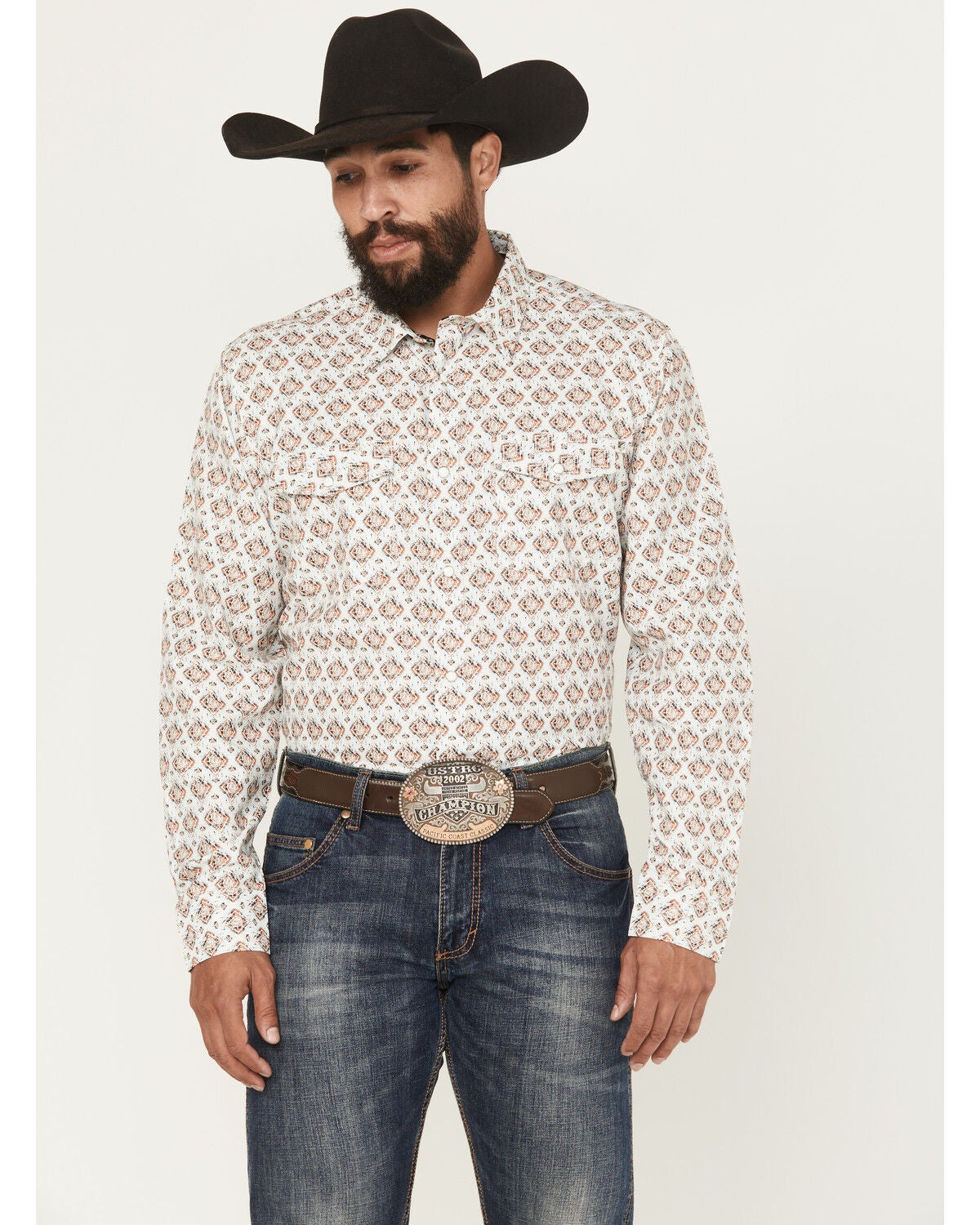 Image #1 - RANK 45&reg; Men's Romans Medallion Print Long Sleeve Snap Performance Western Shirt, White, hi-res