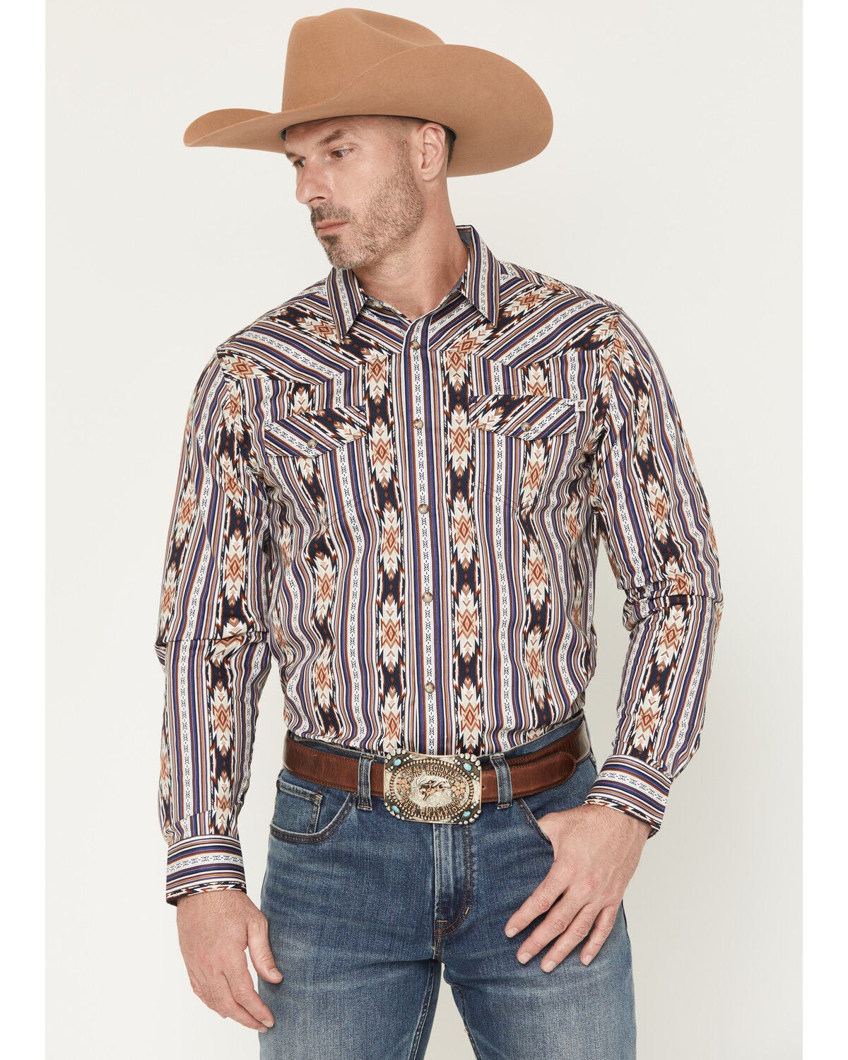 Image #1 - RANK 45&reg; Men's White Mountain Southwestern Striped Print Long Sleeve Snap Stretch Western Shirt, Multi, hi-res