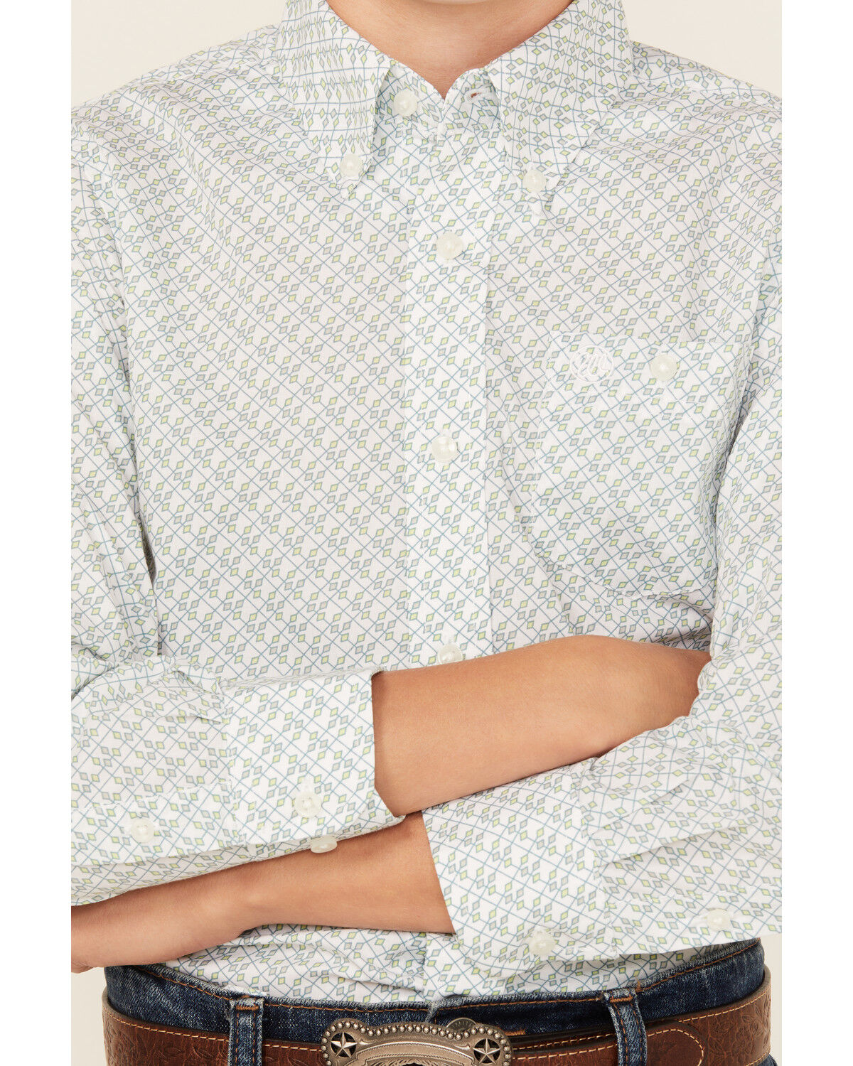 Image #3 - Wrangler Boys' 20x Geo Print Long Sleeve Button-Down Western Shirt, Beige, hi-res