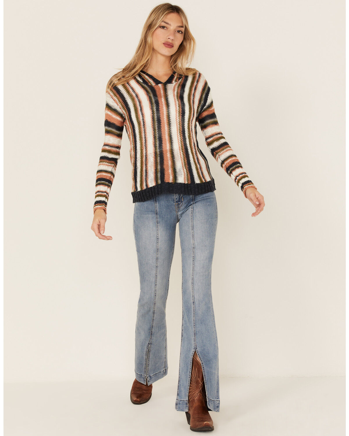 Image #1 - Panhandle Women's Striped Boho Hooded Sweater, Cream, hi-res