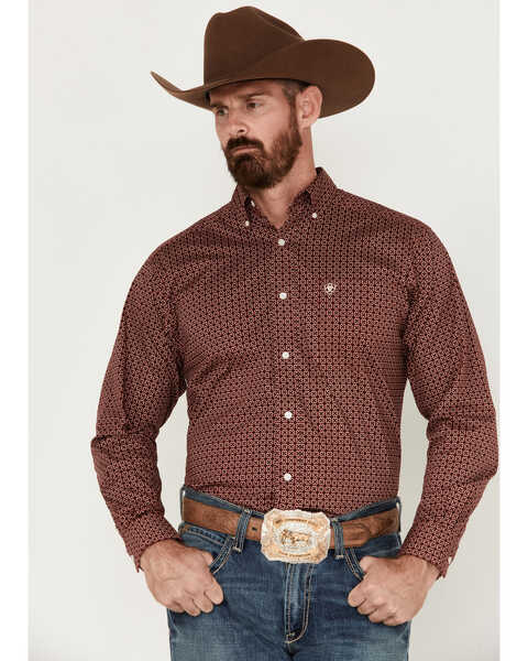 Image #1 - Ariat Men's Kenny Print Long Sleeve Button Down Stretch Western Shirt , Red, hi-res