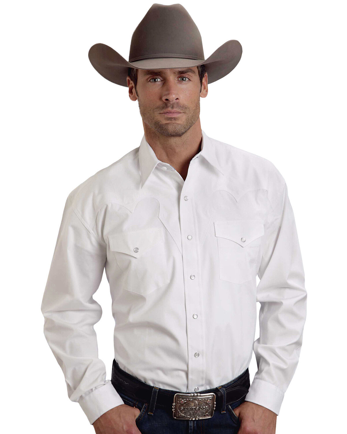 Image #1 - Stetson Men's White Solid Long Sleeve Western Shirt, White, hi-res