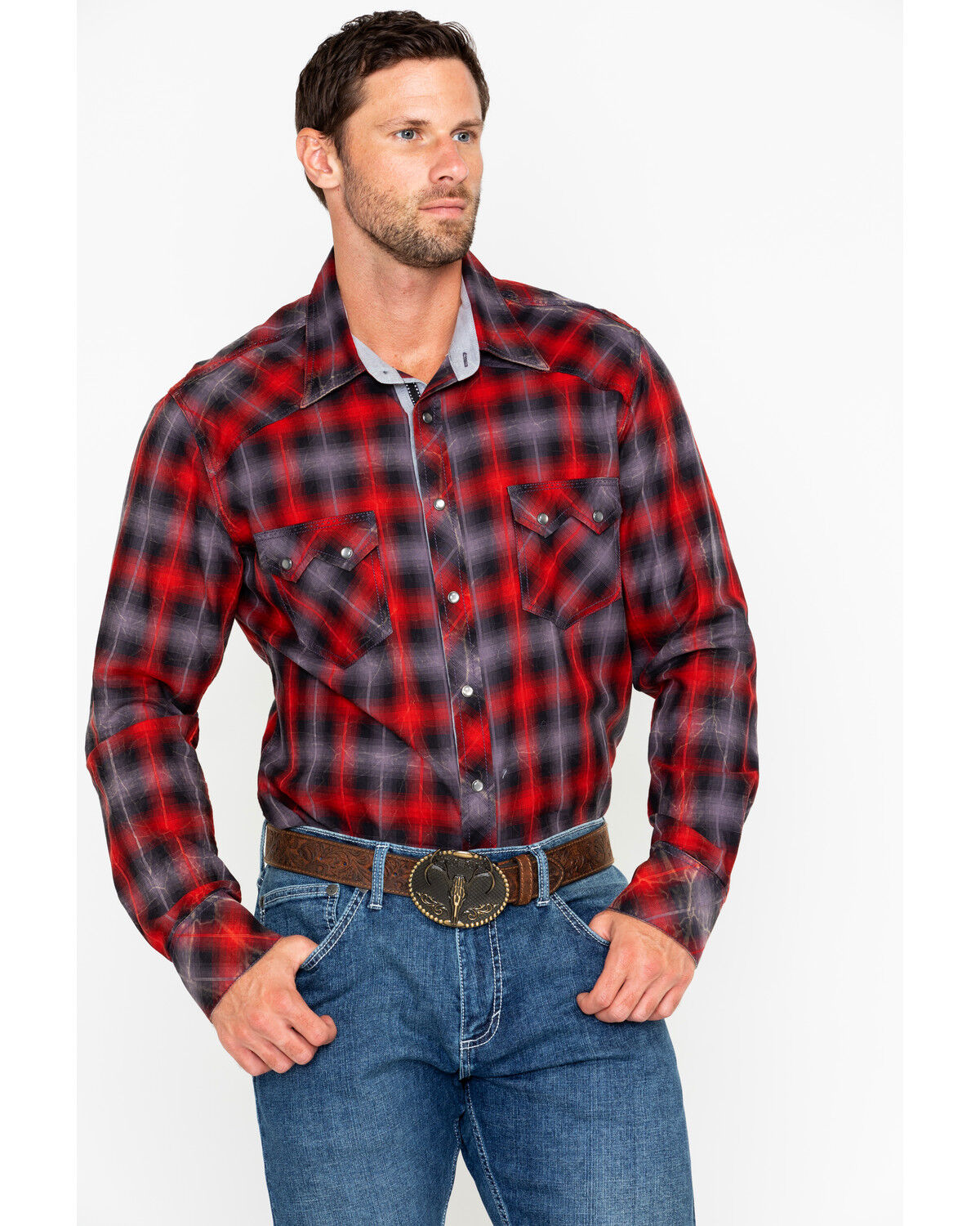 Image #1 - Rock & Roll Denim Men's Yarn Dye Satin Plaid Print Long Sleeve Western Shirt, , hi-res