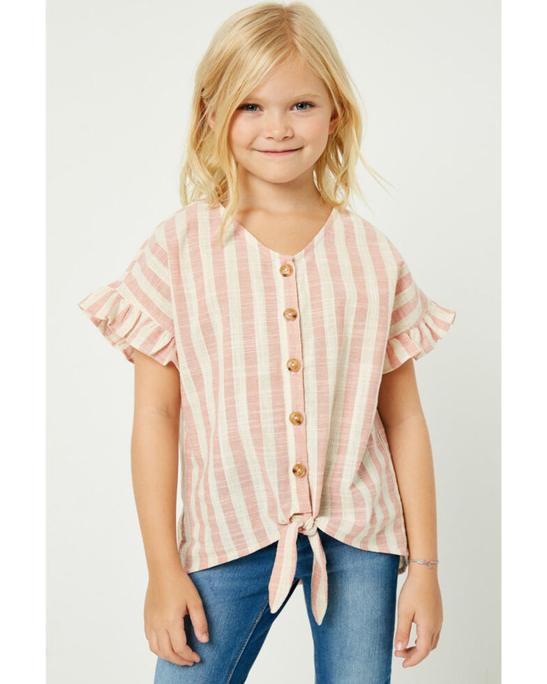 Hayden Girls' Stripe Pink Linen Button-Down Top, Pink, hi-res