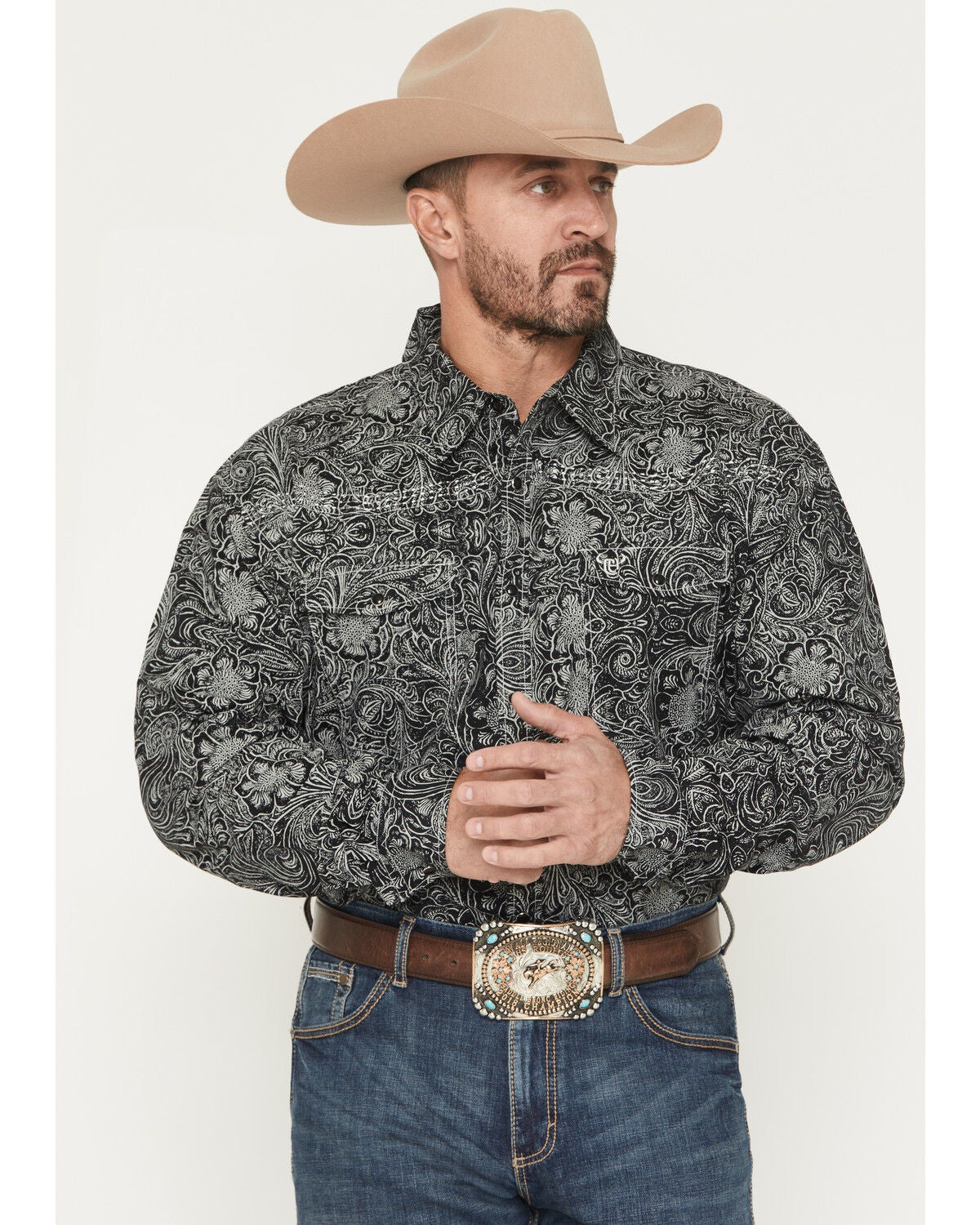 Cowboy Hardware Men's Tooled Floral Print Long Sleeve Snap Stretch Western Shirt, Charcoal, hi-res