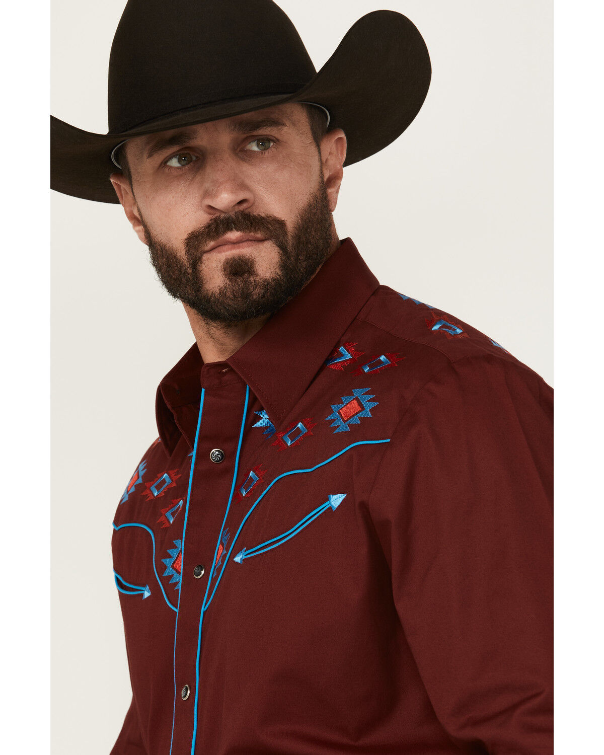 Image #2 - Rodeo Clothing Men's Embroidered Yoke Long Sleeve Snap Western Shirt, Burgundy, hi-res