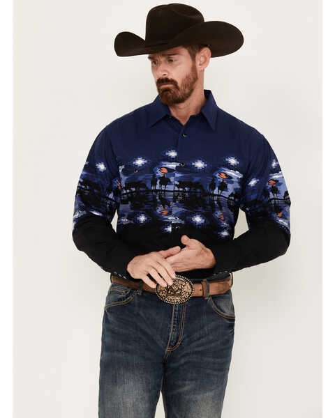 Image #1 - Panhandle Men's Cowboy Border Print Long Sleeve Snap Western Shirt, Blue, hi-res