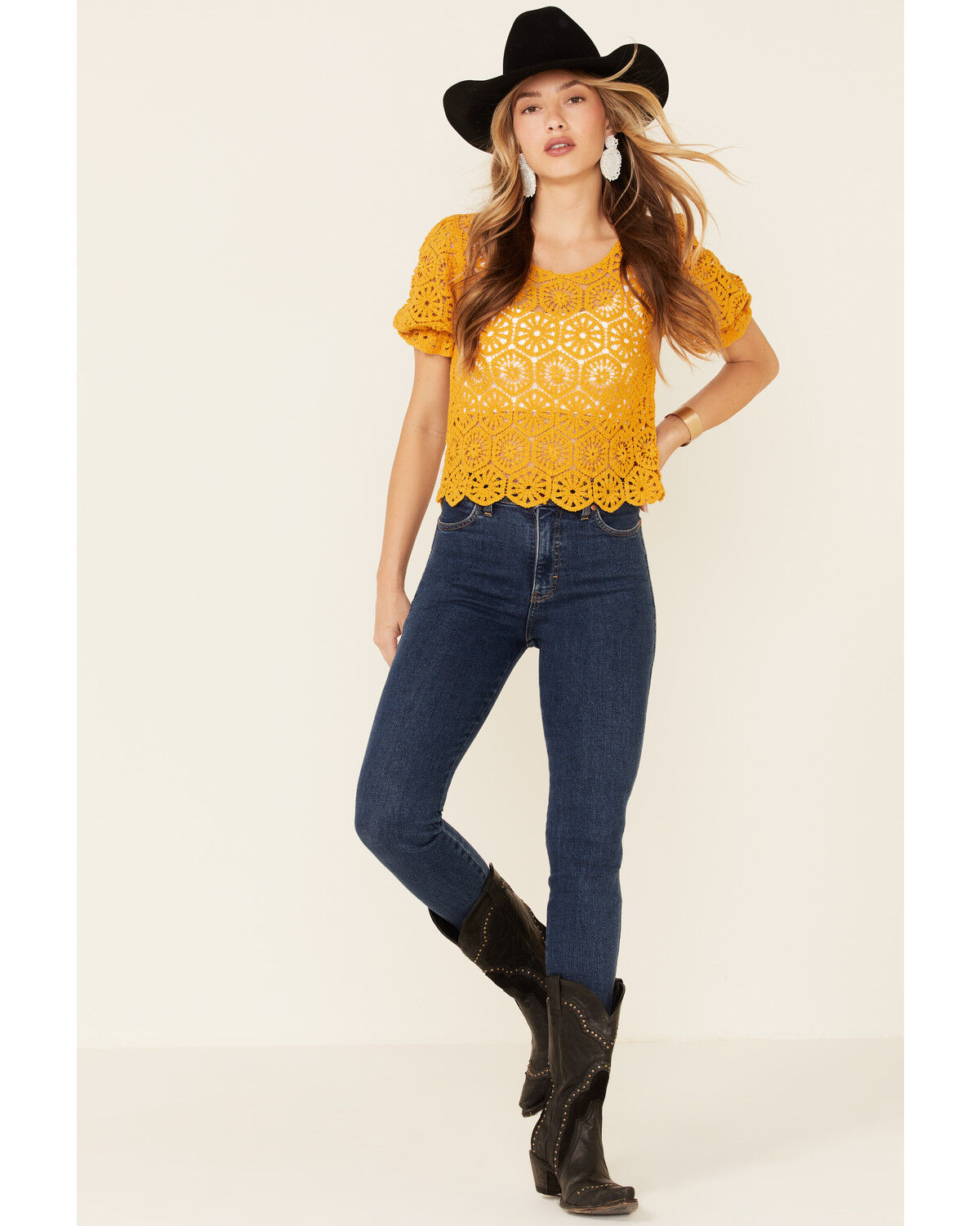 Image #2 - Very J Women's Mustard Circle Crochet Short Sleeve Crop Top, Mustard, hi-res