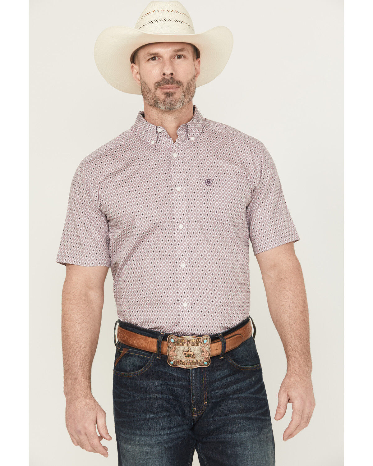 Image #1 - Ariat Men's Rafael Wrinkle Free Geo Print Short Sleeve Button-Down Western Shirt, Light Purple, hi-res