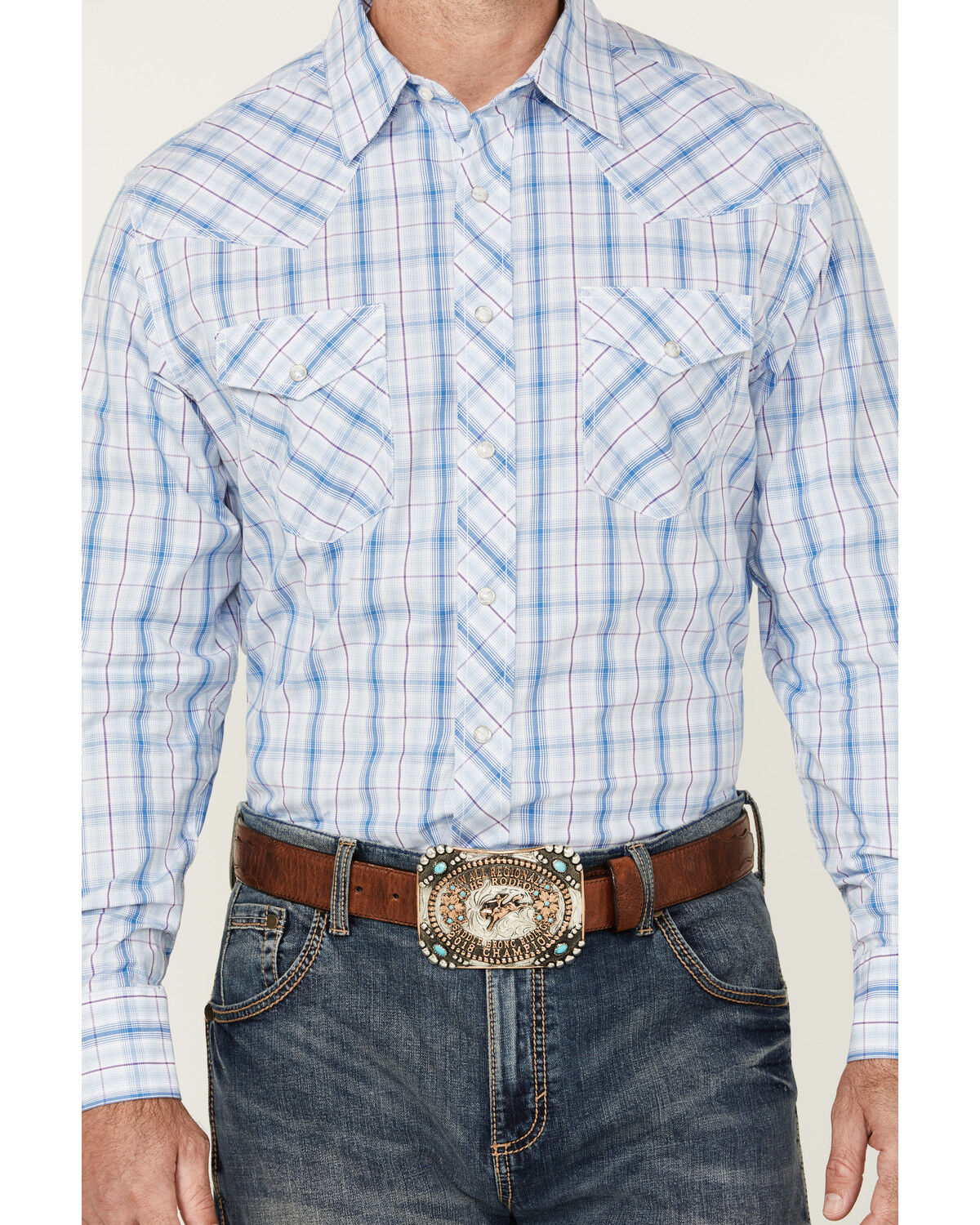 Image #3 - Wrangler 20X Men's Plaid Print Long Sleeve Snap Stretch Western Shirt, Blue, hi-res