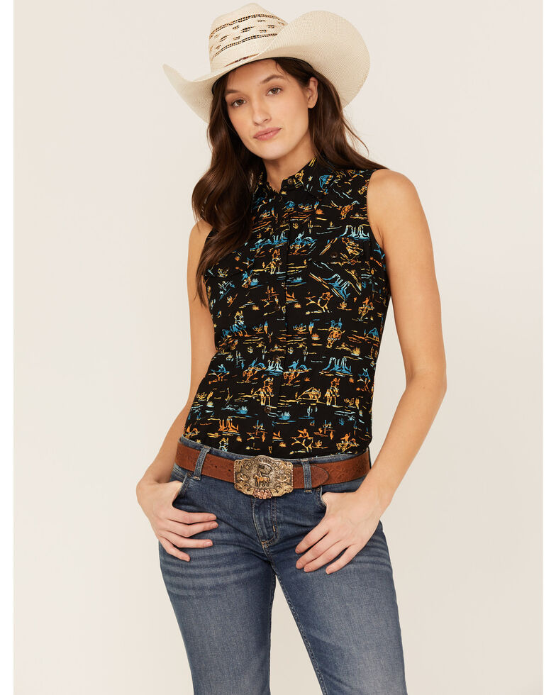 Panhandle Women's Desert Scene Print Sleeveless Work Shirt, Black, hi-res