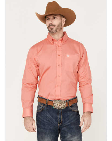 Image #1 - Panhandle Select Men's Solid Long Sleeve Button Down Western Shirt, Peach, hi-res
