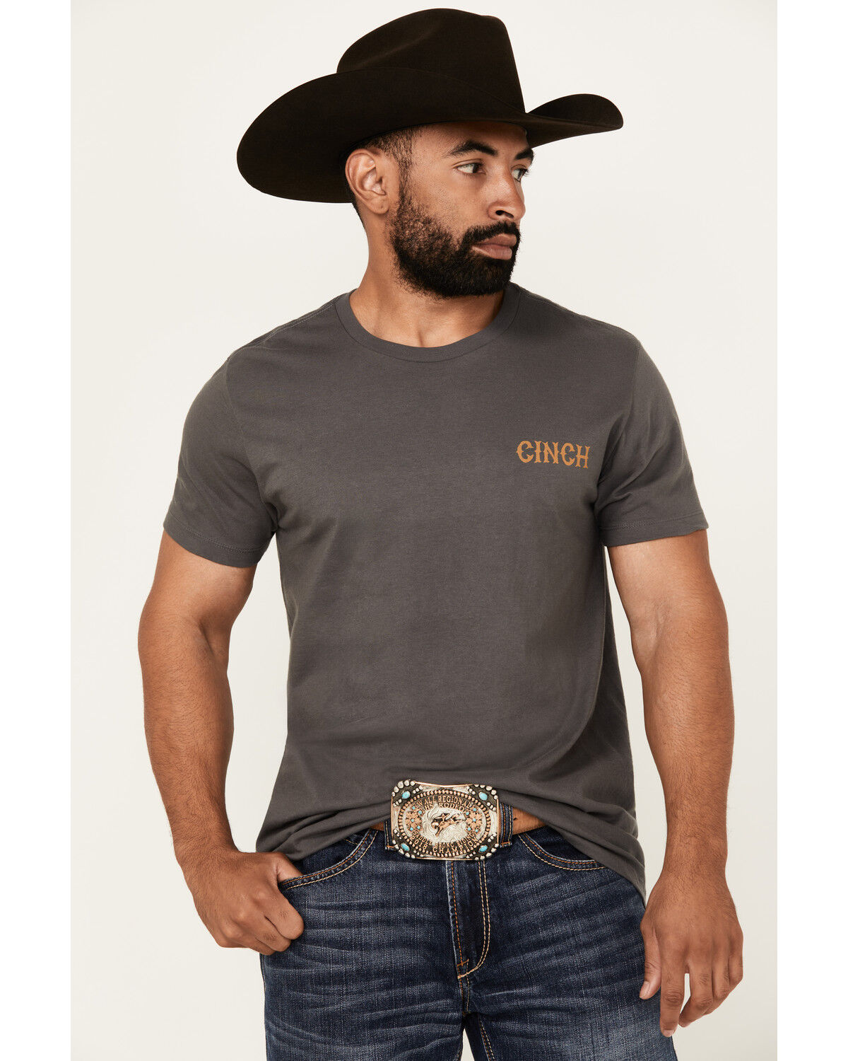 Image #2 - Cinch Men's Boot Barn Exclusive Salon Bronco Short Sleeve Graphic T-Shirt, Charcoal, hi-res