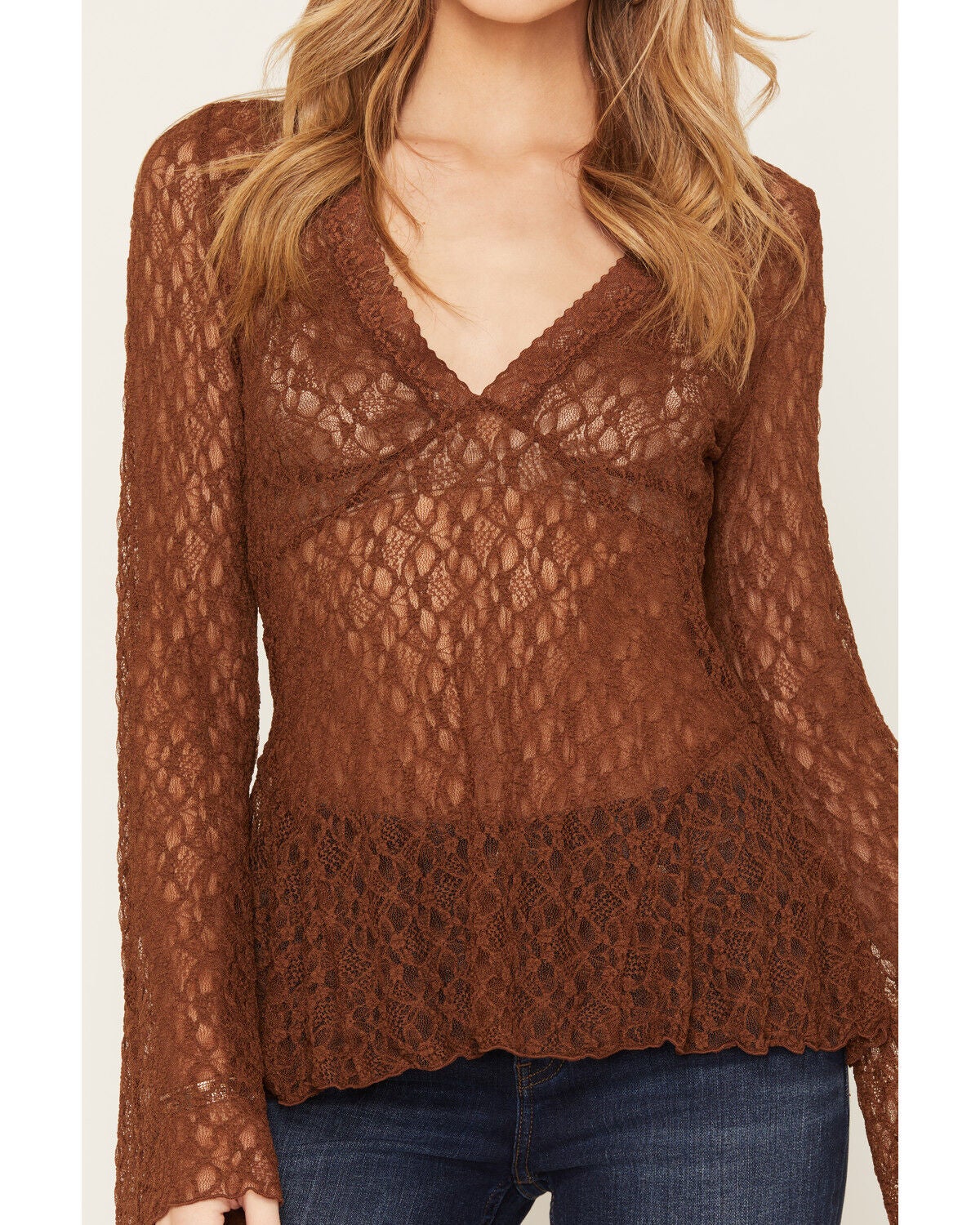 Image #3 - Shyanne Women's Lace Knit Long Sleeve Top, Bark, hi-res