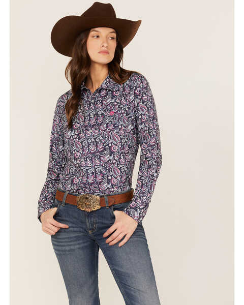 Cinch Women's Paisley Print Long Sleeve Button Down Stretch ARENAFLEX Shirt, Purple, hi-res