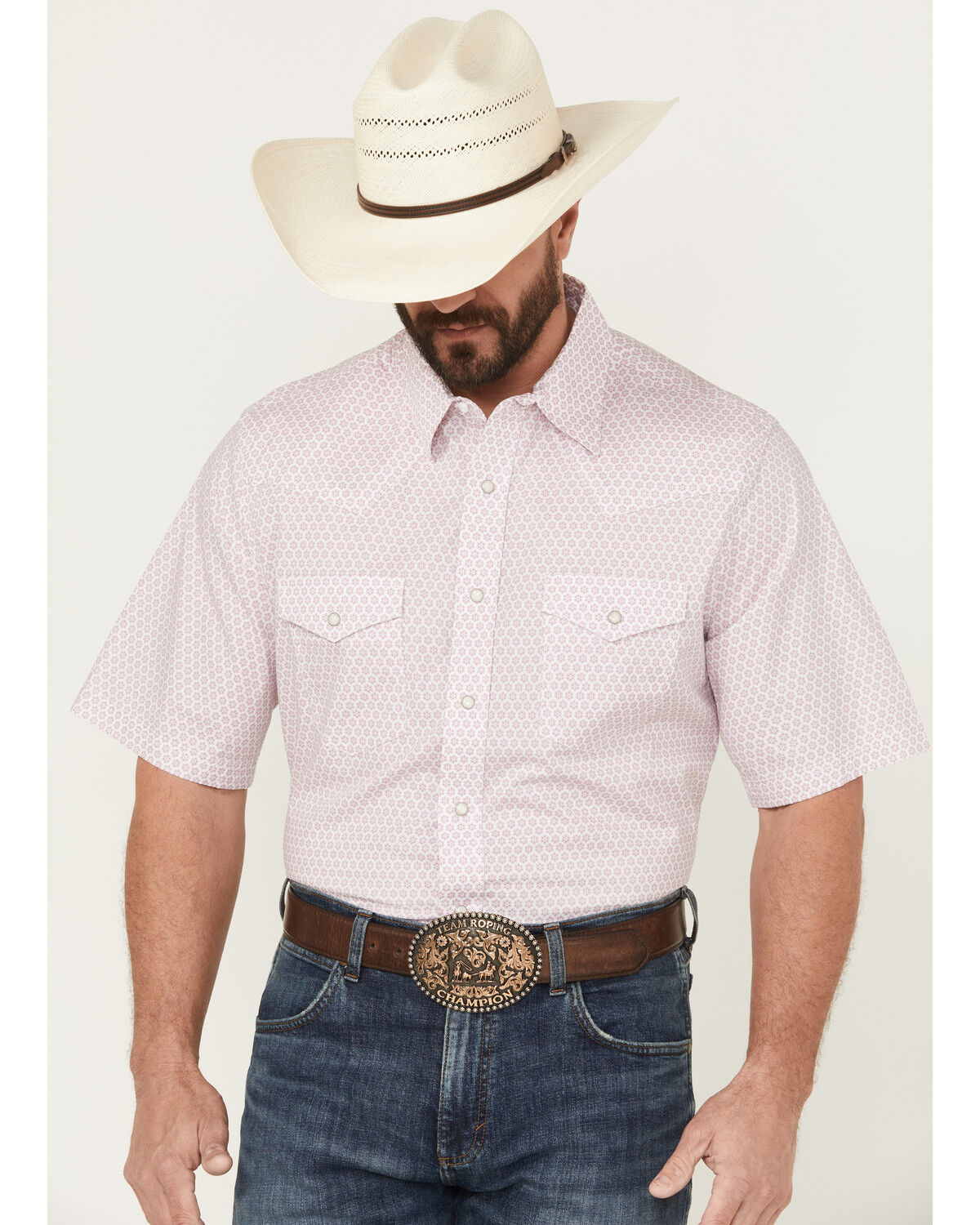 Image #1 - Wrangler Men's 20X Geo Print Short Sleeve Snap Stretch Western Shirt - Tall, White, hi-res