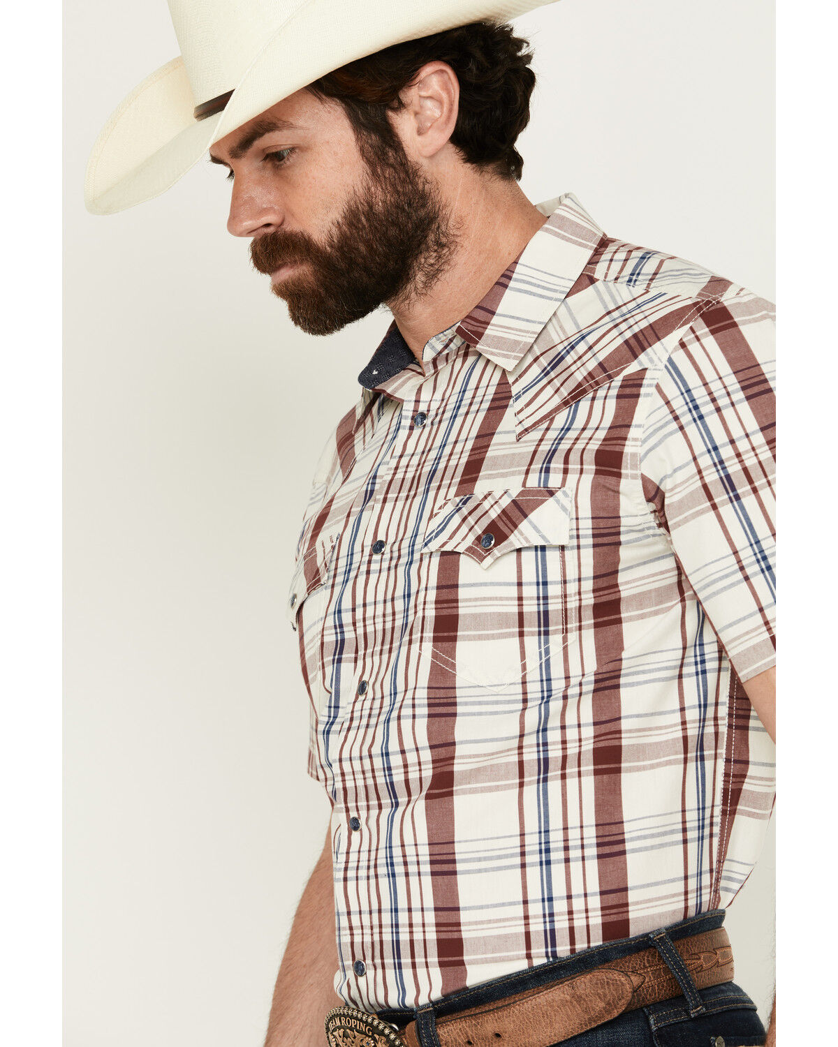 Image #2 - Cody James Men's Festive Plaid Print Short Sleeve Snap Western Shirt, Ivory, hi-res