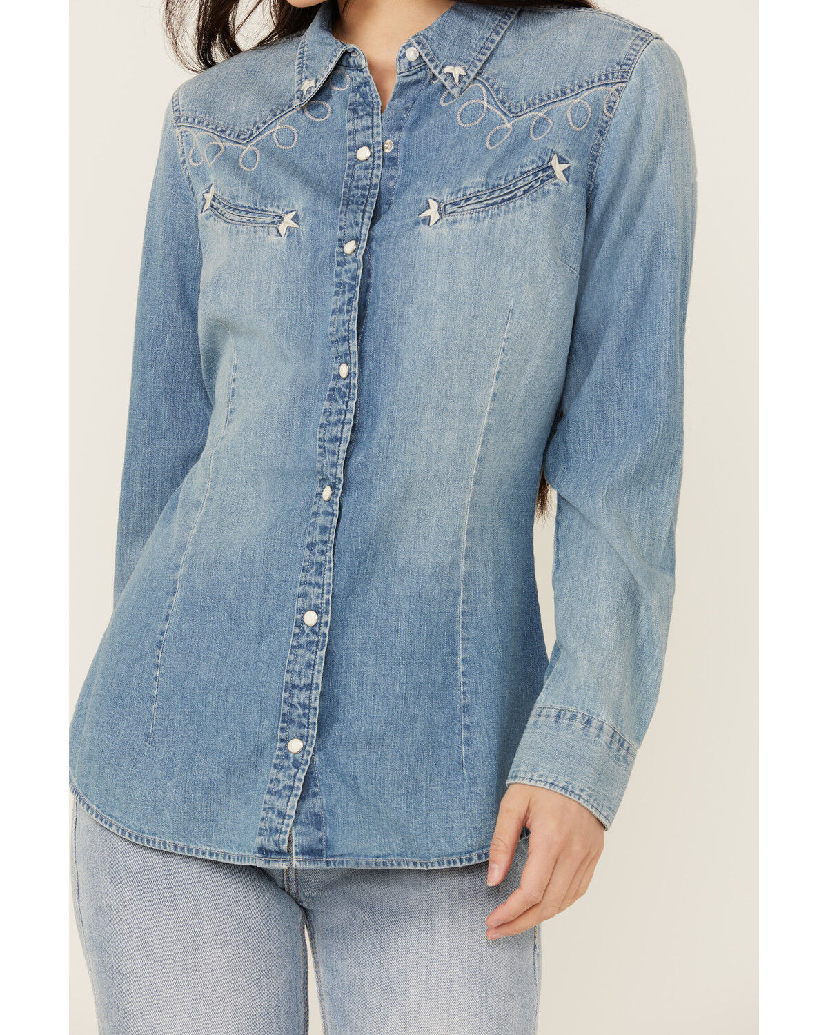 Image #3 - Wrangler Retro Women's Light Wash Embroidered Long Sleeve Pearl Snap Denim Western Shirt, Blue, hi-res