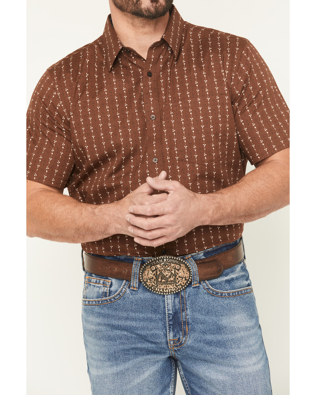 Image #3 - Cody James Men's Westward Floral Striped Short Sleeve Button-Down Stretch Western Shirt, Brown, hi-res