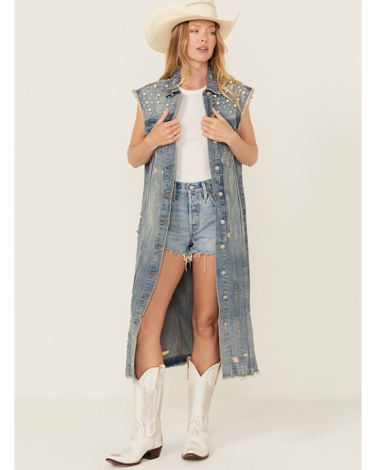 Image #1 - Veveret Women's Pearl Long Denim Vest, Medium Wash, hi-res
