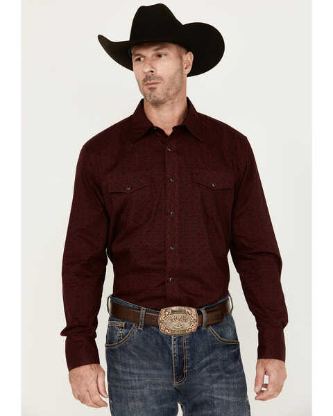Image #1 - Wrangler Men's Geo Print Long Sleeve Snap Western Shirt, Burgundy, hi-res