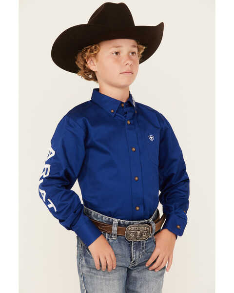 Image #1 - Ariat Boys' Solid Twill Team Logo Long Sleeve Button-Down Western Shirt , Blue, hi-res
