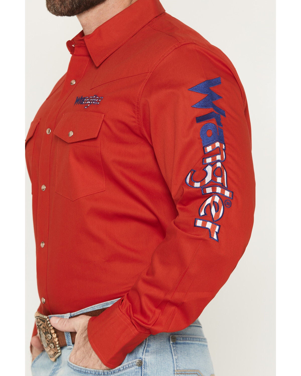 Image #3 - Wrangler Men's Americana Fill Logo Long Sleeve Snap Western Shirt, Red, hi-res