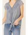 Image #3 - Nostalgia Women's Cap Sleeve Embroidered Tie Front Top , Light Blue, hi-res