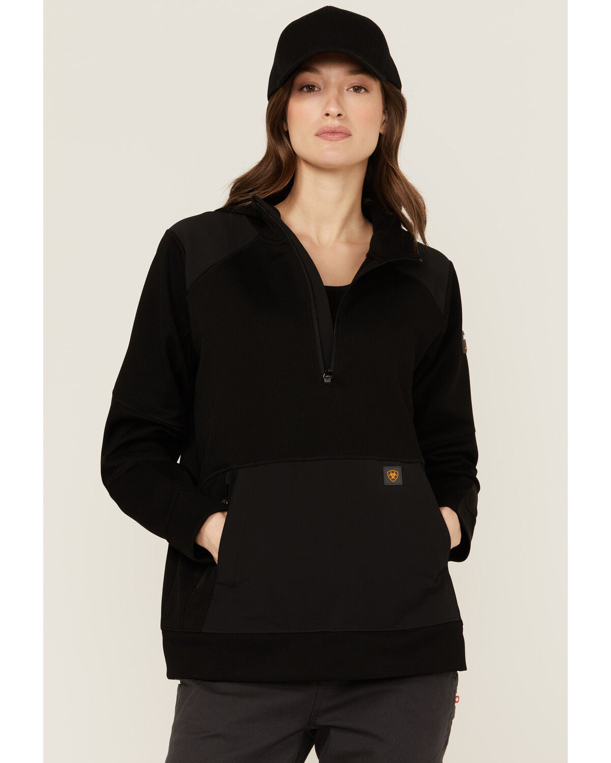 Ariat Women's Rebar WorkTek Reinforced 1/2 Zip Hooded Pullover, Black, hi-res