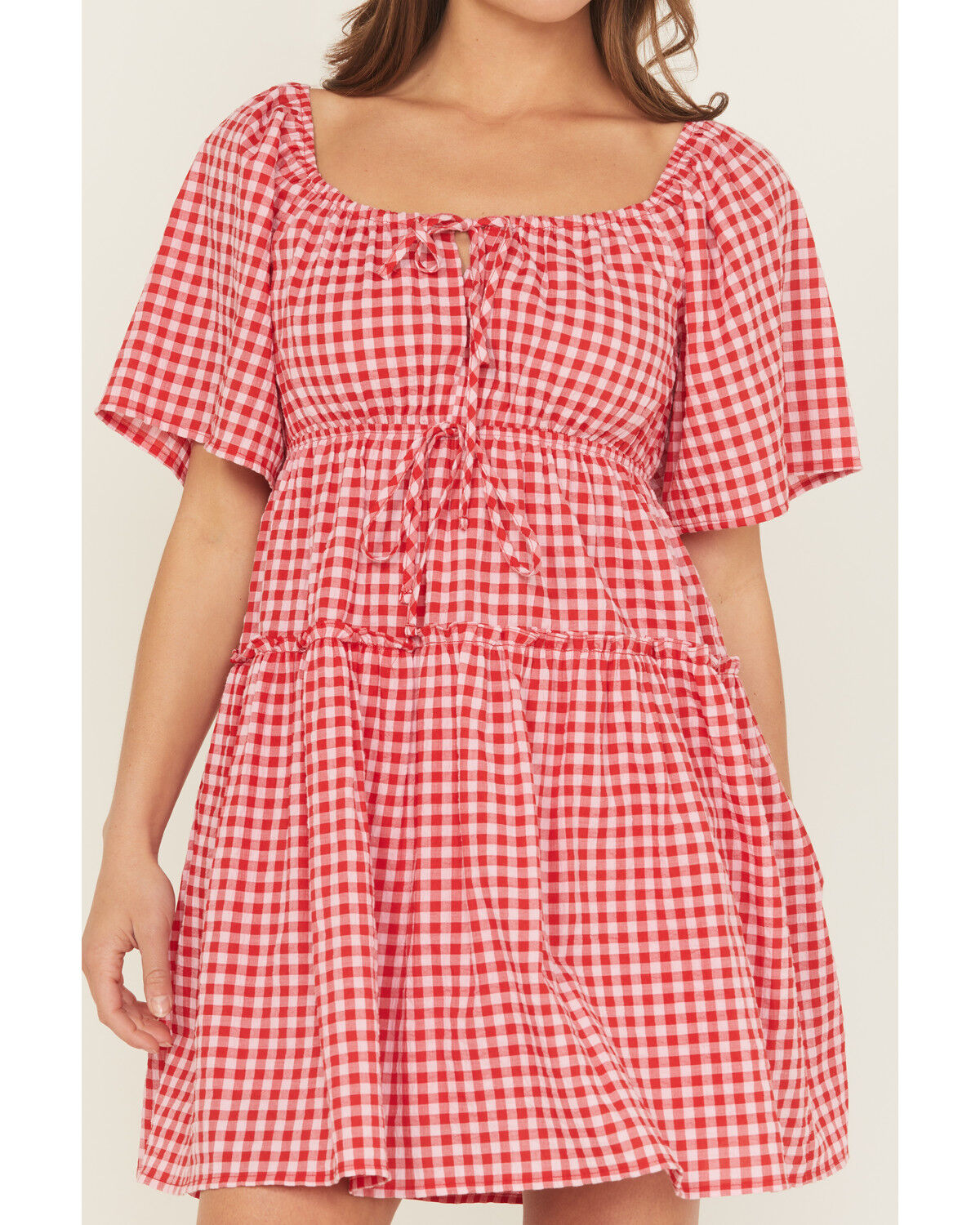 Image #3 - Blue B Women's Gingham Short Sleeve Tie-Front Mini Dress, Red, hi-res
