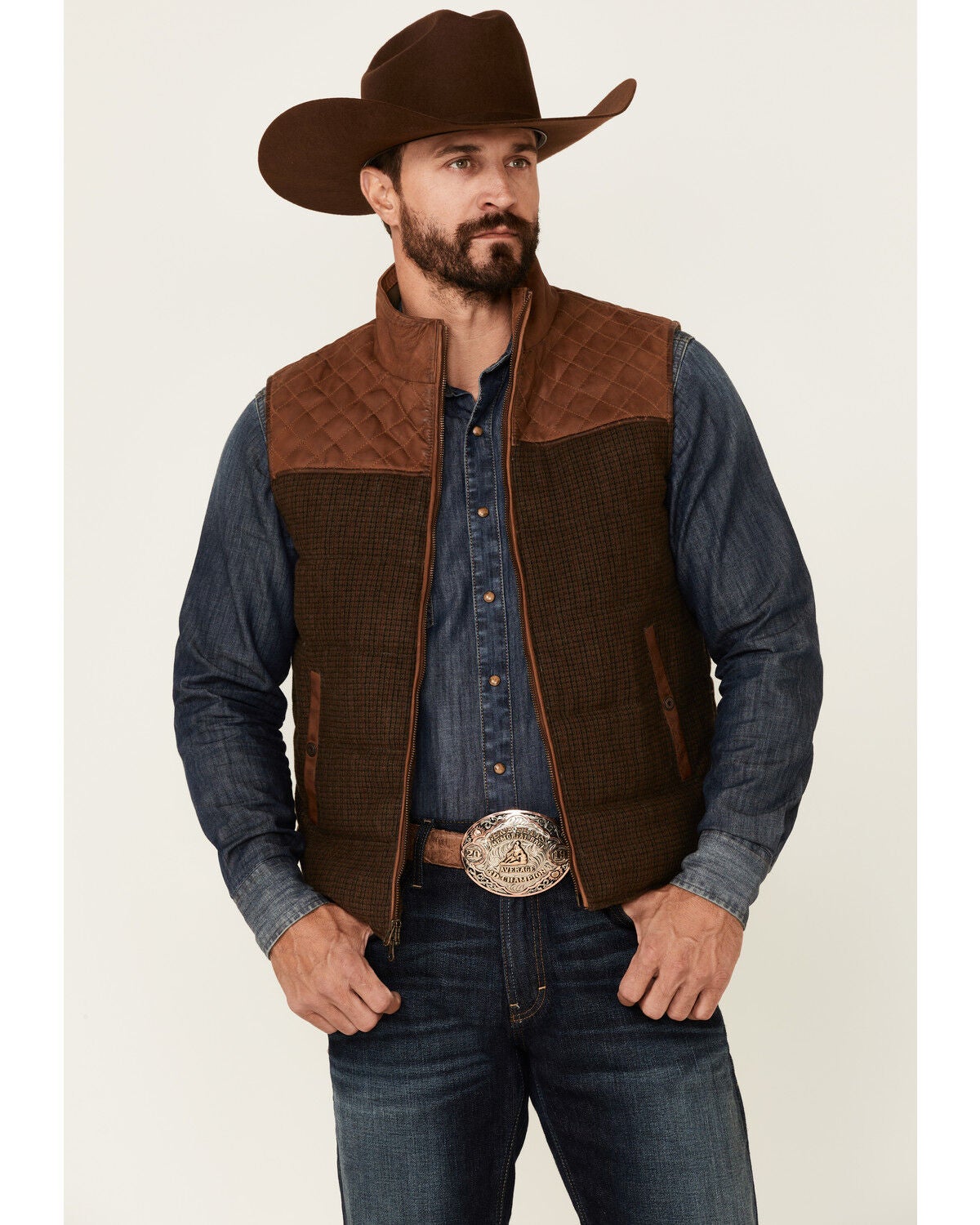 Scully Men's Vintage Brown Trimmed Leather Zip-Front Vest, Brown, hi-res