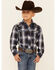 Roper Boys' Plaid Print Embroidered Long Sleeve Snap Western Shirt , Blue, hi-res