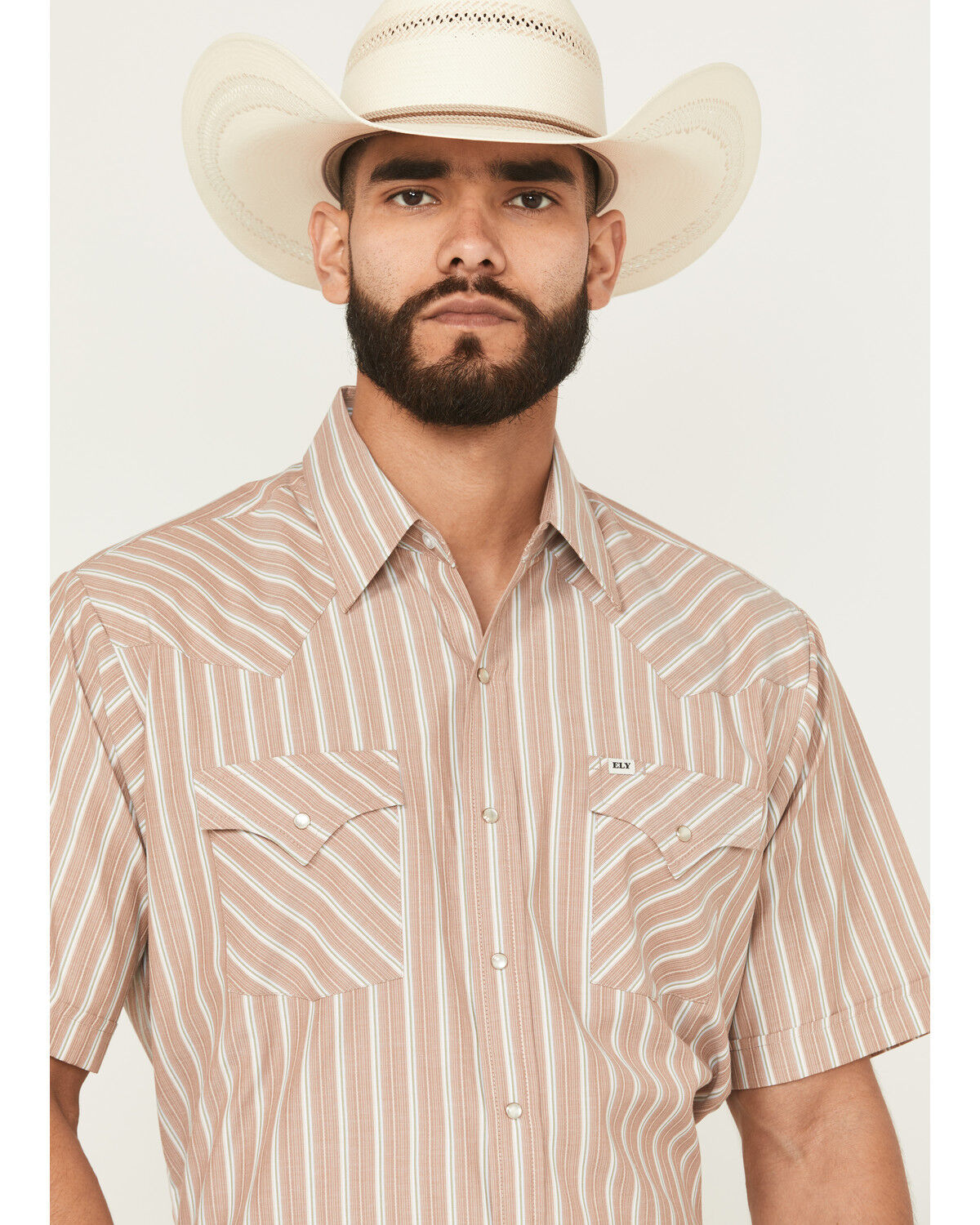 Image #2 - Ely Walker Men's Striped Short Sleeve Pearl Snap Western Shirt, Tan, hi-res