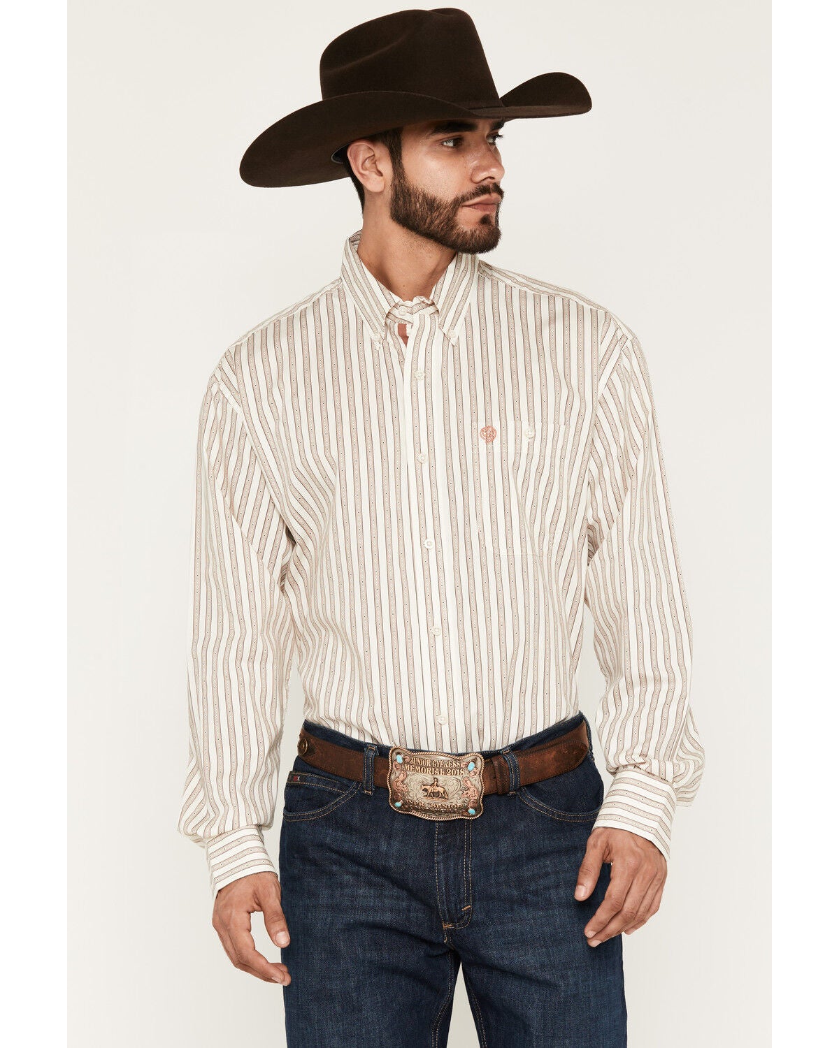 Image #1 - George Strait by Wrangler Men's Striped Long Sleeve Button-Down Stretch Western Shirt, White, hi-res