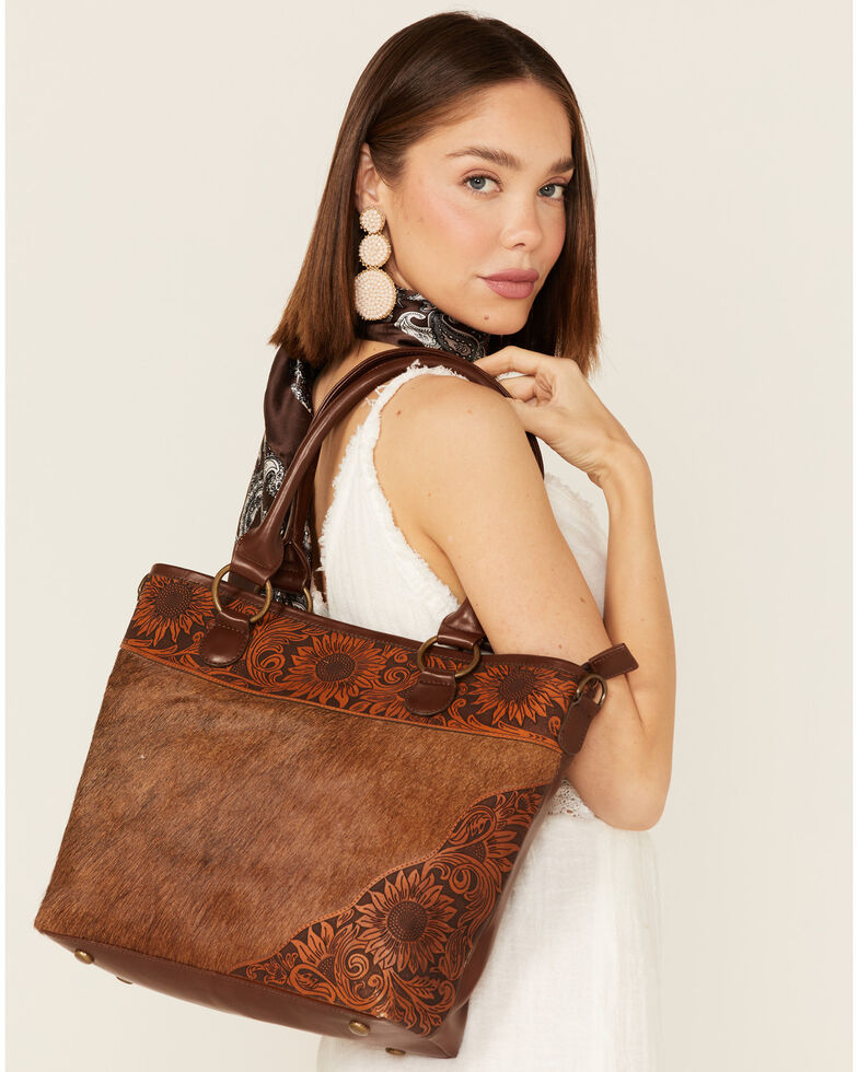 Shyanne Women's Hair-On Tooled Leather Tote Bag, Cream/brown, hi-res
